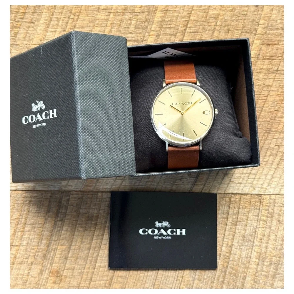 Coach Charles Gold Dial Watch with a Brown Leather Strap (Model 14602433)